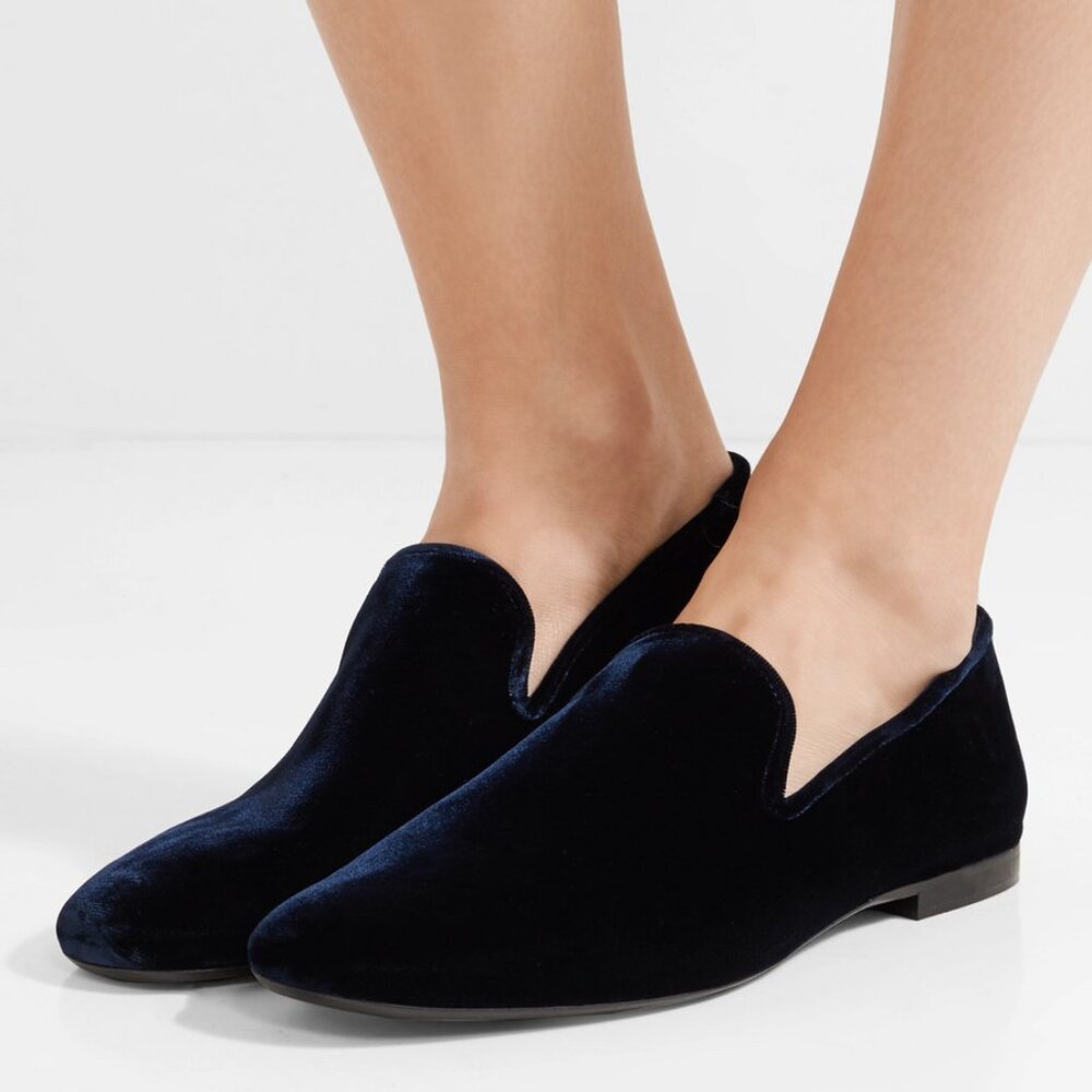 NIB Vince Bray Velvet Square Toe Flat Loafer Smoking Slipper Twilight‎ Navy $275